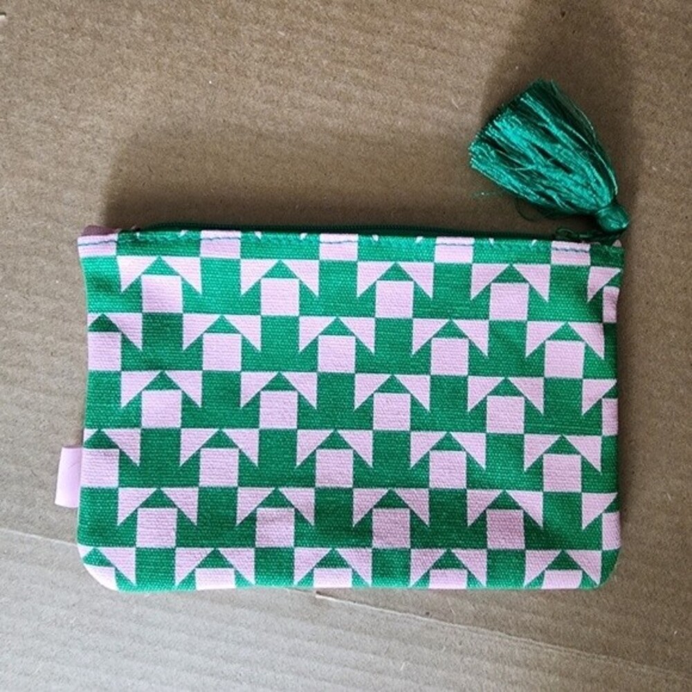 Ipsy Tassel Pouch Zippered Cosmetic Bag Geometric Green & Soft Pink Toiletries - Picture 3 of 10